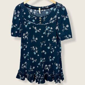 Anthropologie Blue Floral Print Mini Dress Ruffle Size Small Bohemian Boho‎ S